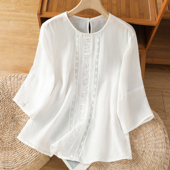 Chemise décontractée à manches trois-quarts en coton et lin pour femme, motif Buddha Stones, couleur unie, col ras du cou - Blanc - US8-10，UK/AU12-14，EU40-42 (2XL) - image 7