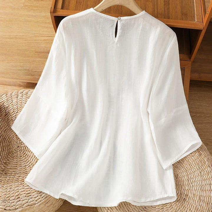 Chemise décontractée à manches trois-quarts en coton et lin pour femme, motif Buddha Stones, couleur unie, col ras du cou - image 8