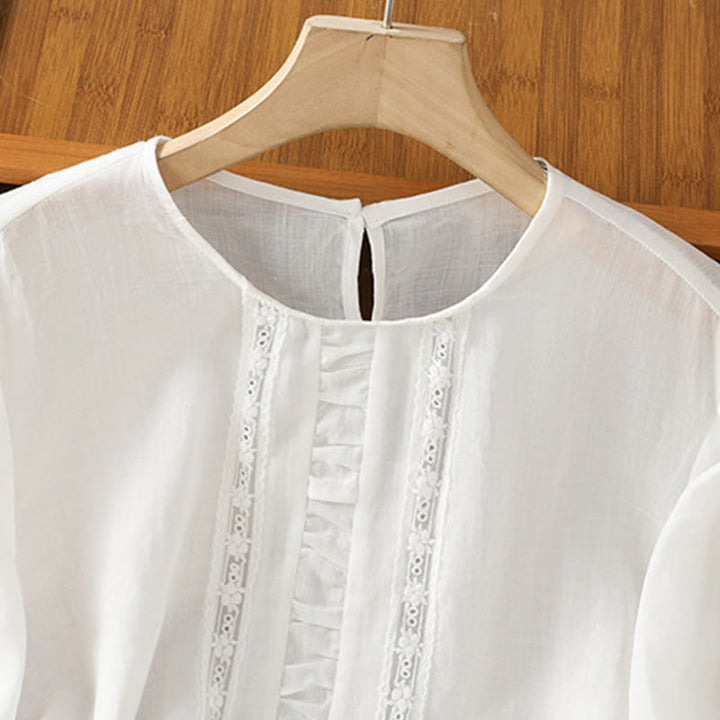 Chemise décontractée à manches trois-quarts en coton et lin pour femme, motif Buddha Stones, couleur unie, col ras du cou - image 13