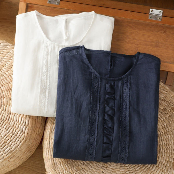 Chemise décontractée à manches trois-quarts en coton et lin pour femme, motif Buddha Stones, couleur unie, col ras du cou - image 18