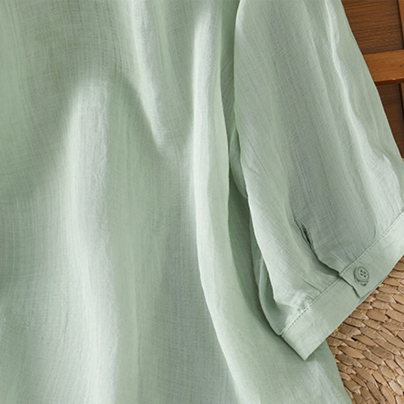 Chemise décontractée à manches trois-quarts et col montant pour femme, motif Buddha Stones et broderies végétales