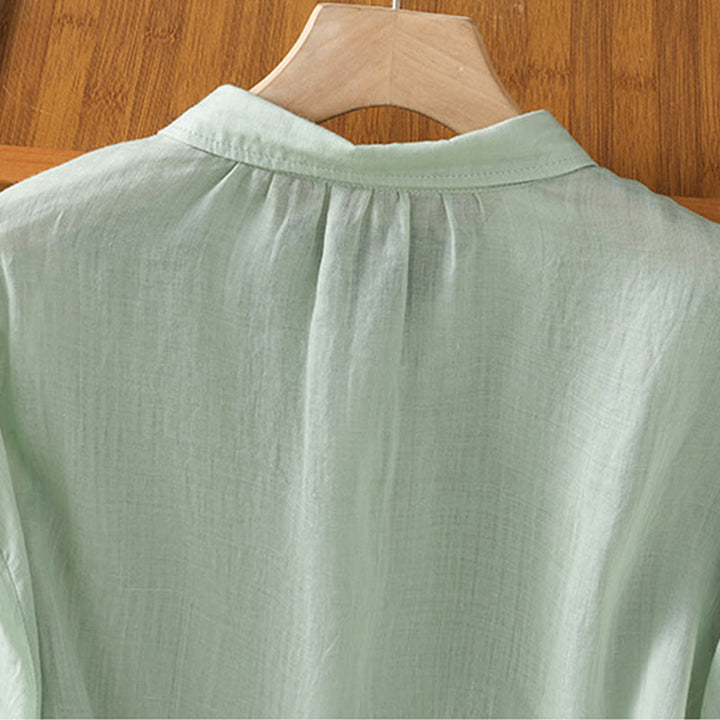 Chemise décontractée à manches trois-quarts et col montant pour femme, motif Buddha Stones et broderies végétales