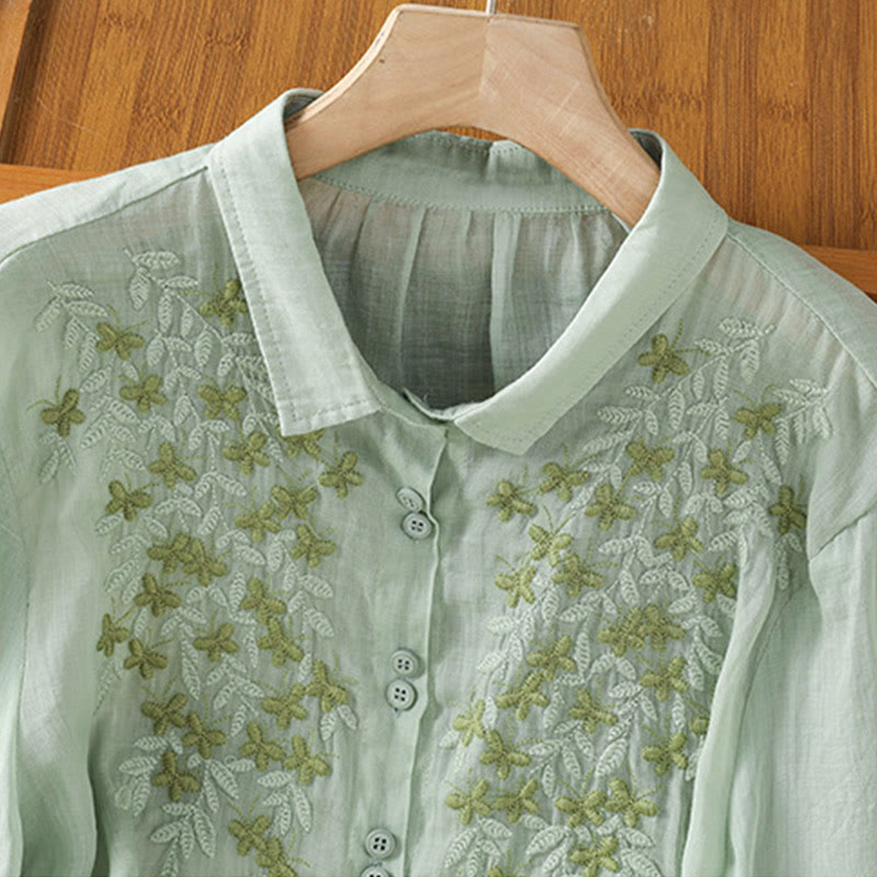 Chemise décontractée à manches trois-quarts et col montant pour femme, motif Buddha Stones et broderies végétales