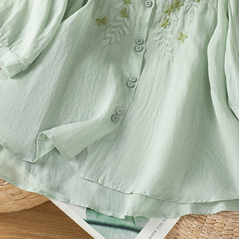Chemise décontractée à manches trois-quarts et col montant pour femme, motif Buddha Stones et broderies végétales