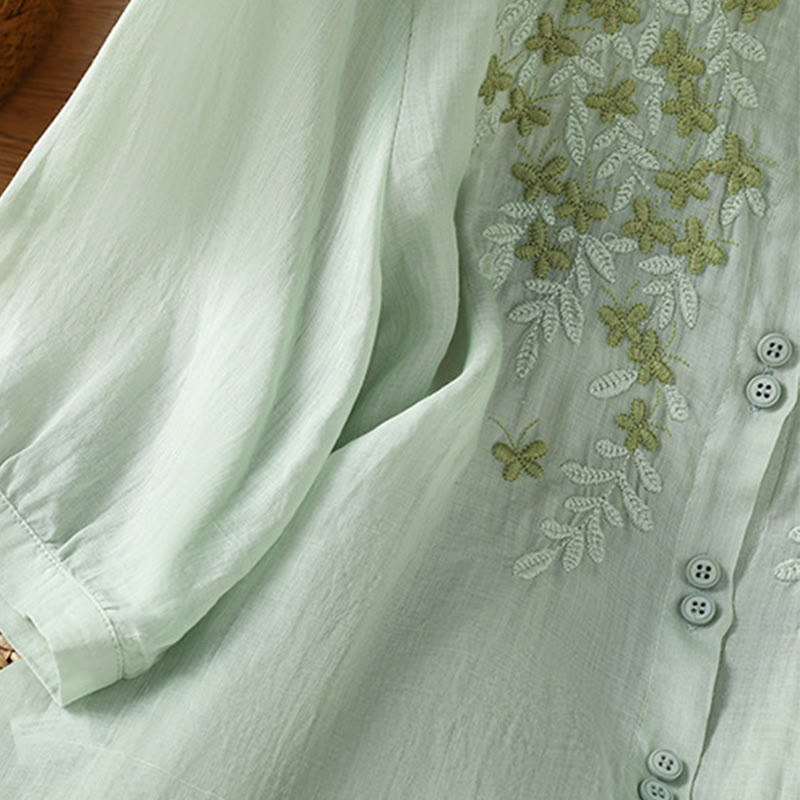 Chemise décontractée à manches trois-quarts et col montant pour femme, motif Buddha Stones et broderies végétales