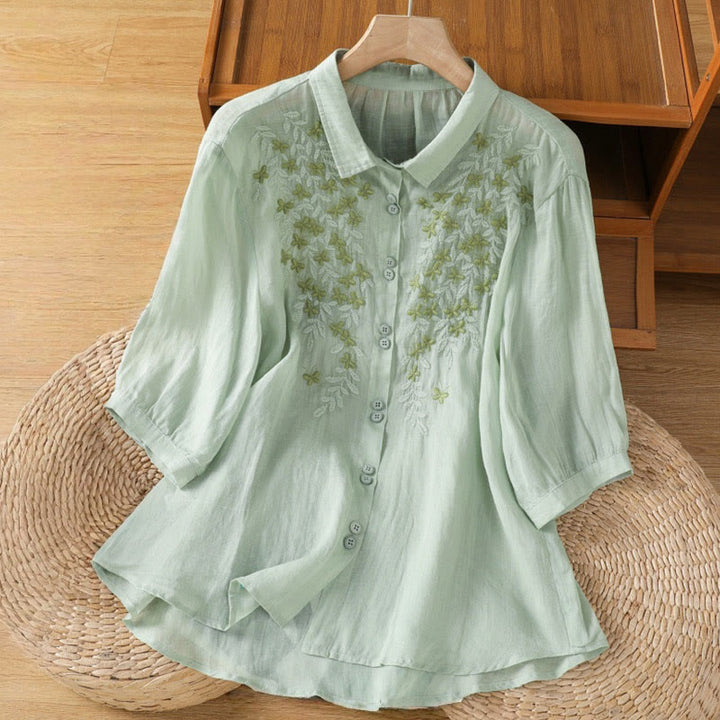 Chemise décontractée à manches trois-quarts et col montant pour femme, motif Buddha Stones et broderies végétales