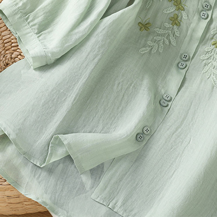 Chemise décontractée à manches trois-quarts et col montant pour femme, motif Buddha Stones et broderies végétales
