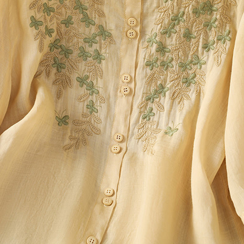 Chemise décontractée à manches trois-quarts et col montant pour femme, motif Buddha Stones et broderies végétales