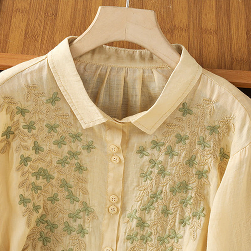 Chemise décontractée à manches trois-quarts et col montant pour femme, motif Buddha Stones et broderies végétales