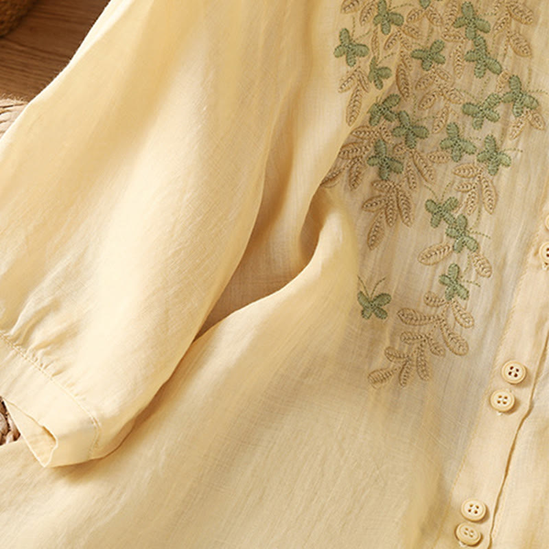 Chemise décontractée à manches trois-quarts et col montant pour femme, motif Buddha Stones et broderies végétales