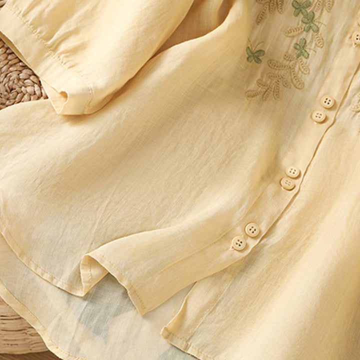 Chemise décontractée à manches trois-quarts et col montant pour femme, motif Buddha Stones et broderies végétales