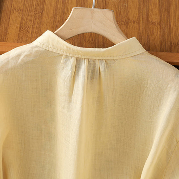 Chemise décontractée à manches trois-quarts et col montant pour femme, motif Buddha Stones et broderies végétales