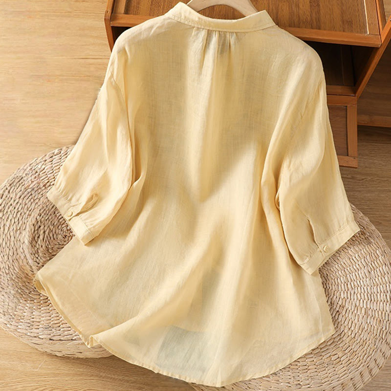 Chemise décontractée à manches trois-quarts et col montant pour femme, motif Buddha Stones et broderies végétales