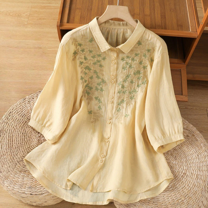 Chemise décontractée à manches trois-quarts et col montant pour femme, motif Buddha Stones et broderies végétales