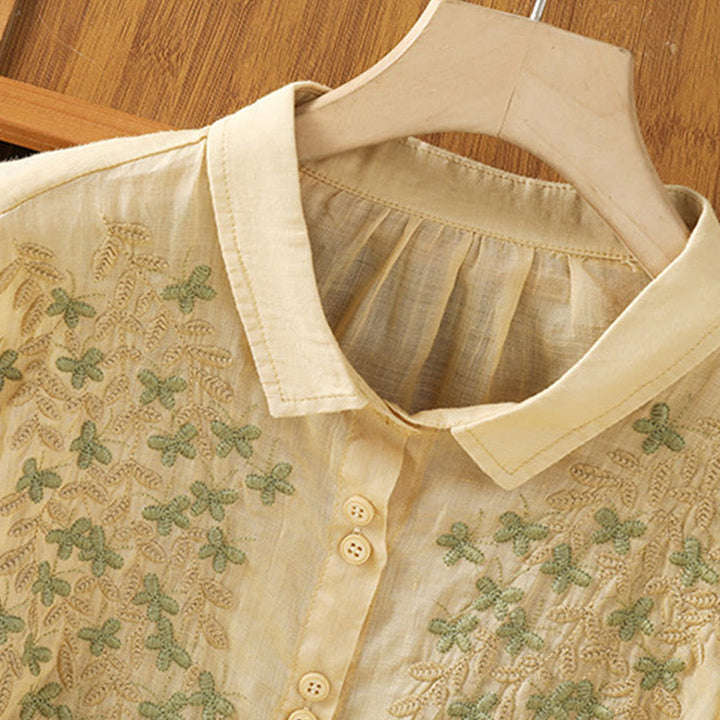Chemise décontractée à manches trois-quarts et col montant pour femme, motif Buddha Stones et broderies végétales