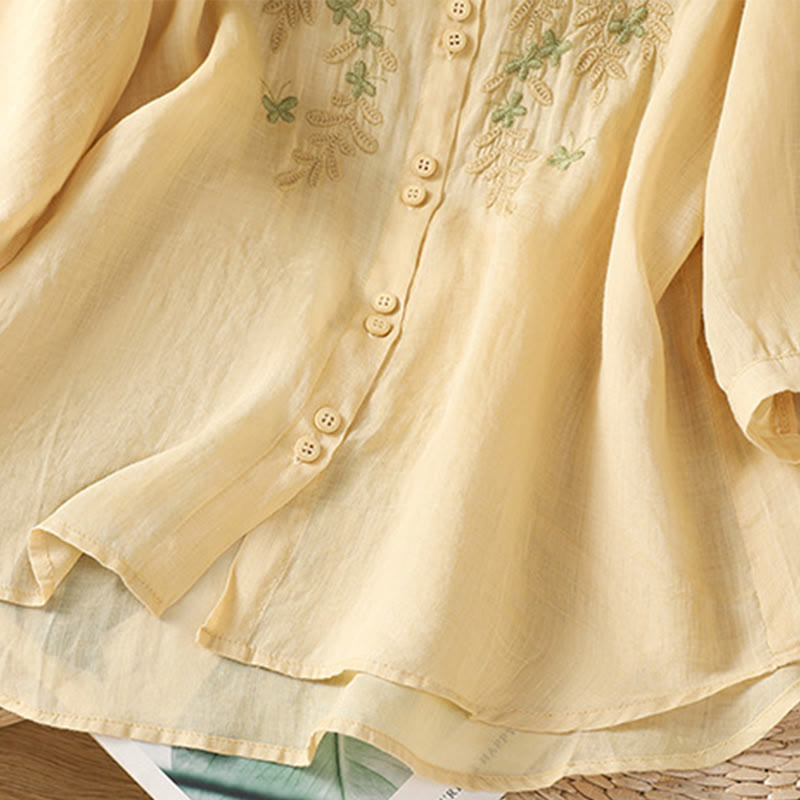 Chemise décontractée à manches trois-quarts et col montant pour femme, motif Buddha Stones et broderies végétales