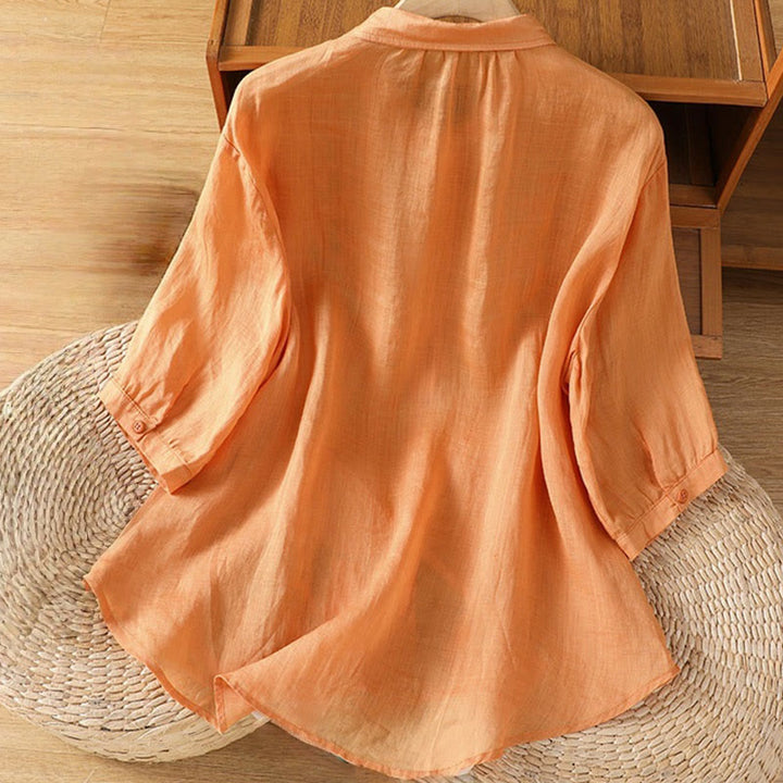 Chemise décontractée à manches trois-quarts et col montant pour femme, motif Buddha Stones et broderies végétales