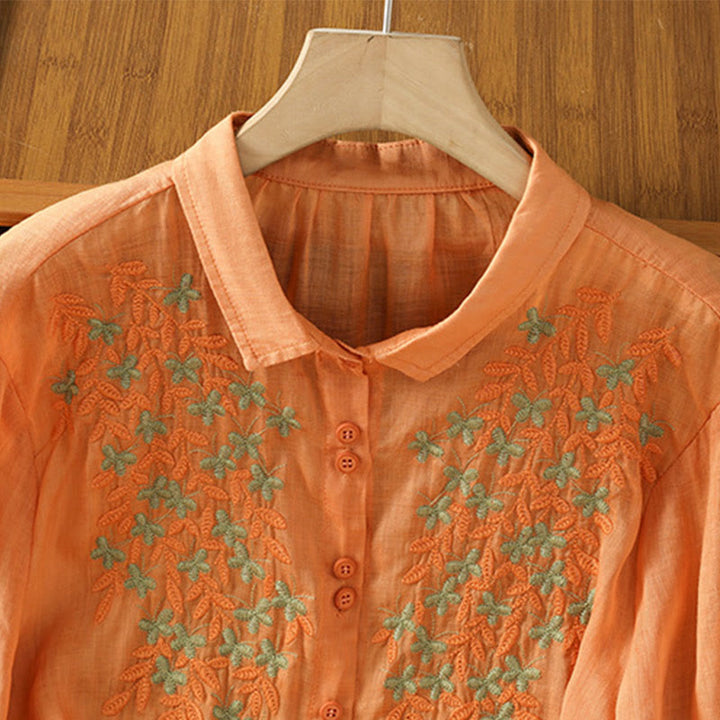 Chemise décontractée à manches trois-quarts et col montant pour femme, motif Buddha Stones et broderies végétales