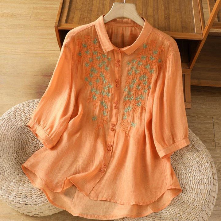 Chemise décontractée à manches trois-quarts et col montant pour femme, motif Buddha Stones et broderies végétales