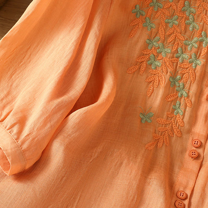 Chemise décontractée à manches trois-quarts et col montant pour femme, motif Buddha Stones et broderies végétales