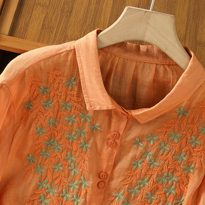 Chemise décontractée à manches trois-quarts et col montant pour femme, motif Buddha Stones et broderies végétales