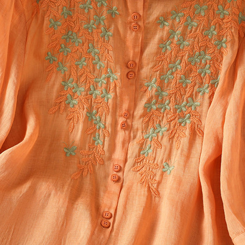 Chemise décontractée à manches trois-quarts et col montant pour femme, motif Buddha Stones et broderies végétales