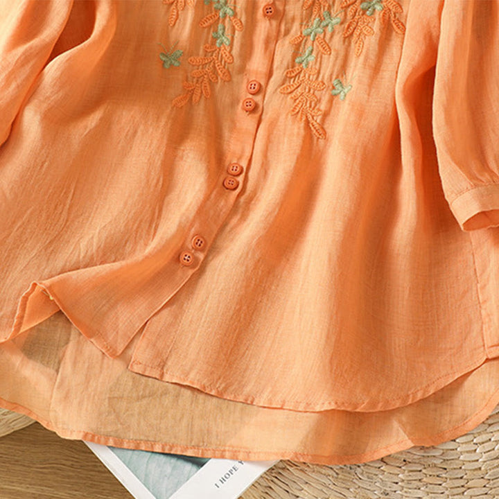 Chemise décontractée à manches trois-quarts et col montant pour femme, motif Buddha Stones et broderies végétales