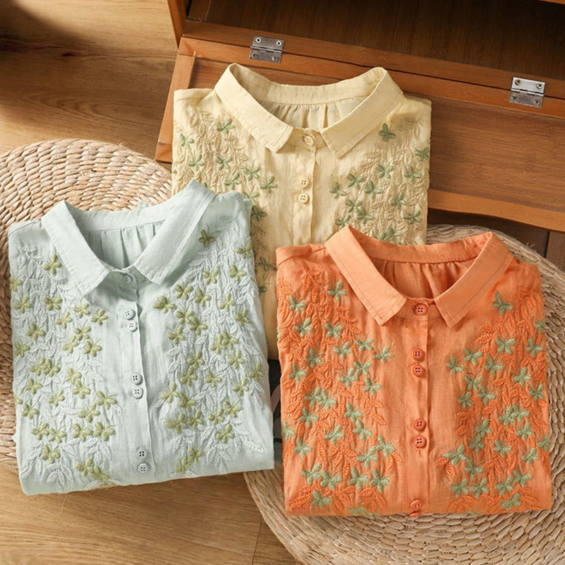 Chemise décontractée à manches trois-quarts et col montant pour femme, motif Buddha Stones et broderies végétales