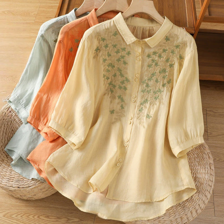 Chemise décontractée à manches trois-quarts et col montant pour femme, motif Buddha Stones et broderies végétales