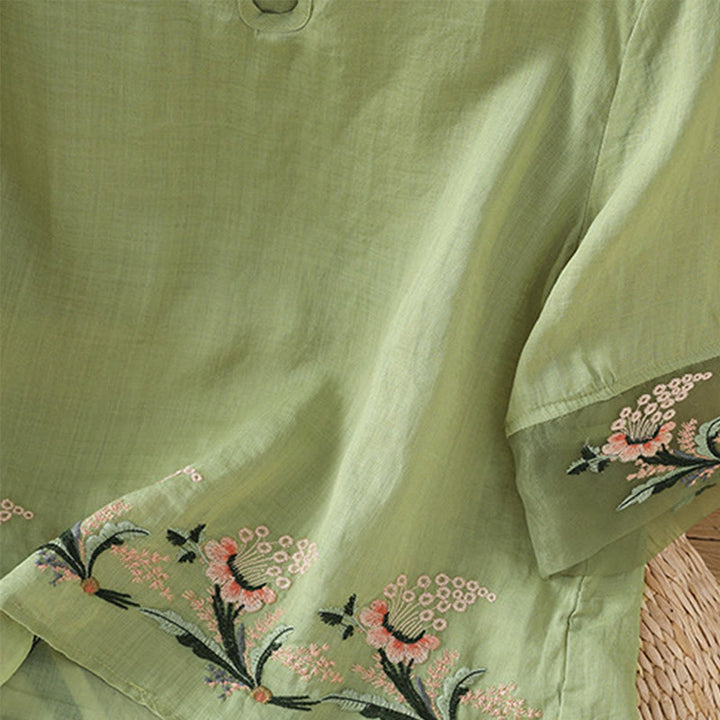 Chemise décontractée à manches mi-longues et col ras du cou pour femme, motif Buddha Stones, broderie florale, boutons grenouille, polyester