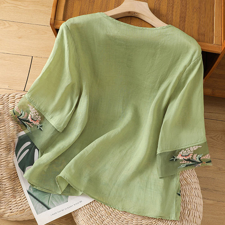 Chemise décontractée à manches mi-longues et col ras du cou pour femme, motif Buddha Stones, broderie florale, boutons grenouille, polyester