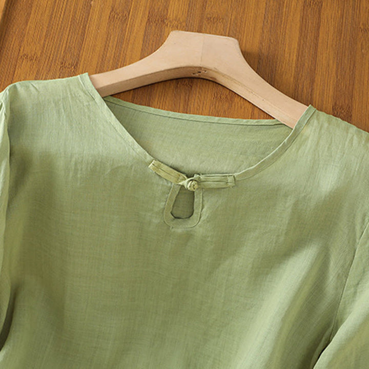 Chemise décontractée à manches mi-longues et col ras du cou pour femme, motif Buddha Stones, broderie florale, boutons grenouille, polyester