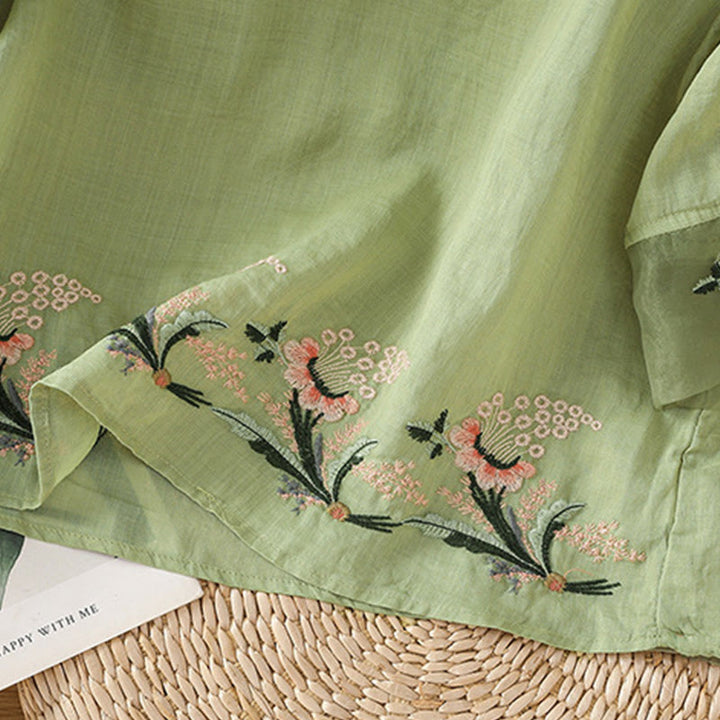 Chemise décontractée à manches mi-longues et col ras du cou pour femme, motif Buddha Stones, broderie florale, boutons grenouille, polyester