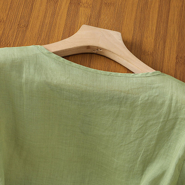 Chemise décontractée à manches mi-longues et col ras du cou pour femme, motif Buddha Stones, broderie florale, boutons grenouille, polyester