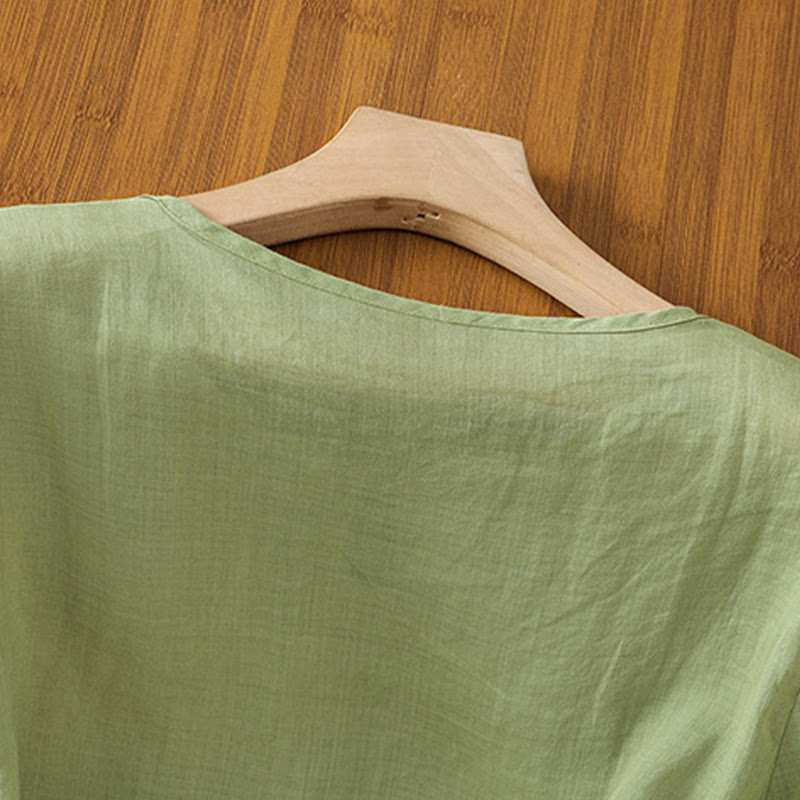 Chemise décontractée à manches mi-longues et col ras du cou pour femme, motif Buddha Stones, broderie florale, boutons grenouille, polyester - image 4