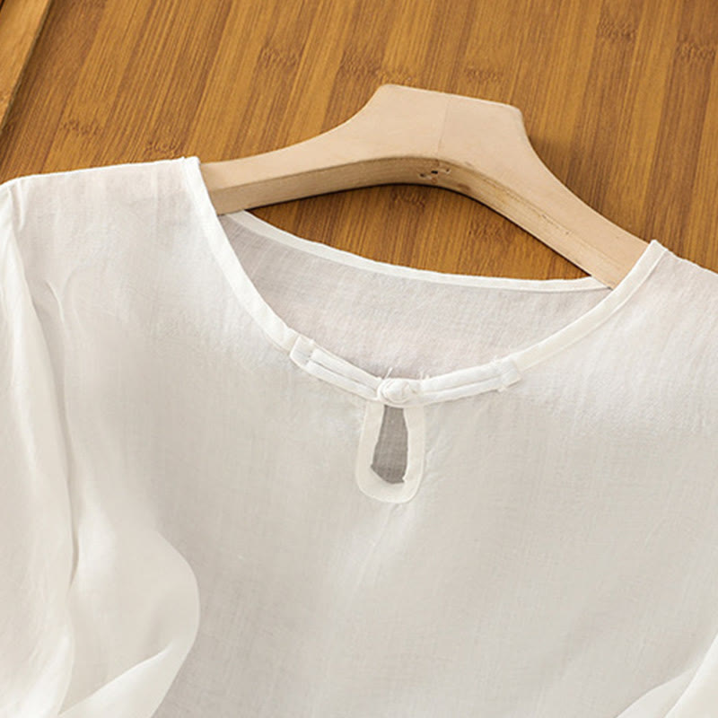 Chemise décontractée à manches mi-longues et col ras du cou pour femme, motif Buddha Stones, broderie florale, boutons grenouille, polyester