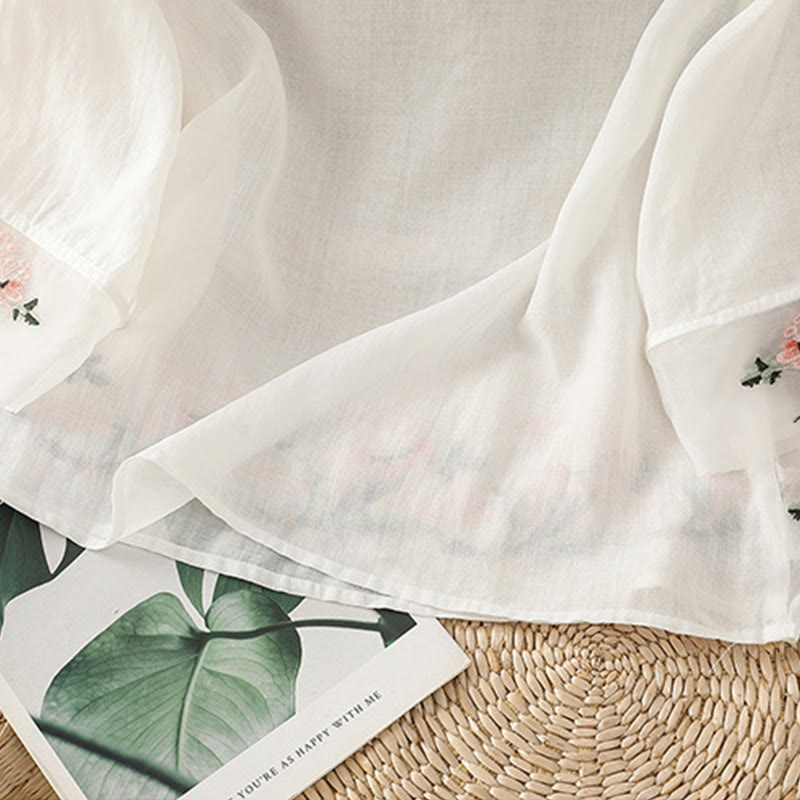 Chemise décontractée à manches mi-longues et col ras du cou pour femme, motif Buddha Stones, broderie florale, boutons grenouille, polyester