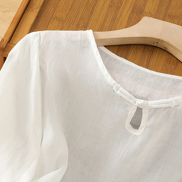 Chemise décontractée à manches mi-longues et col ras du cou pour femme, motif Buddha Stones, broderie florale, boutons grenouille, polyester - image 10