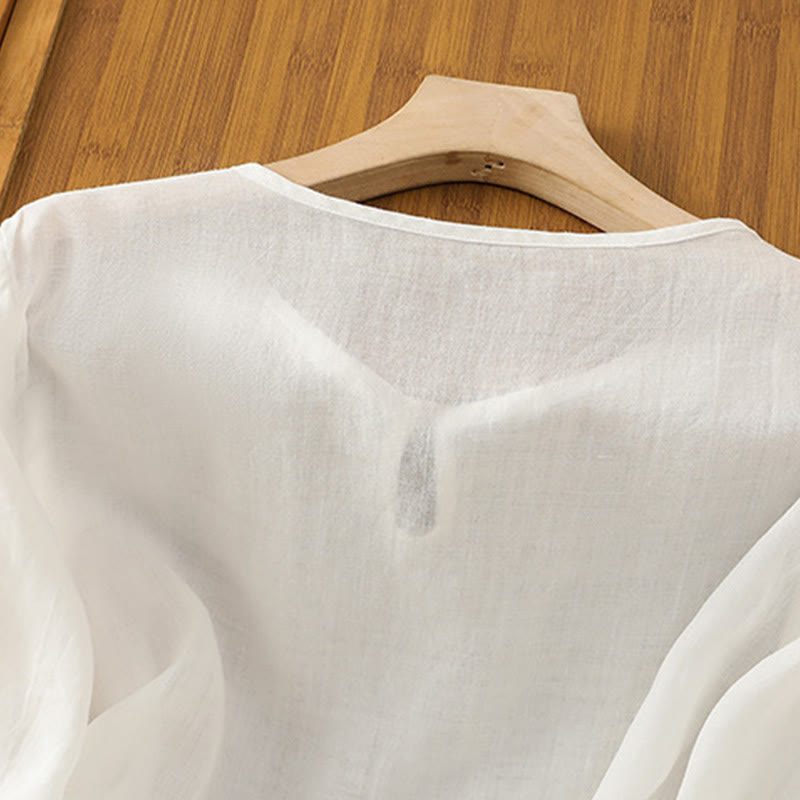 Chemise décontractée à manches mi-longues et col ras du cou pour femme, motif Buddha Stones, broderie florale, boutons grenouille, polyester - image 9