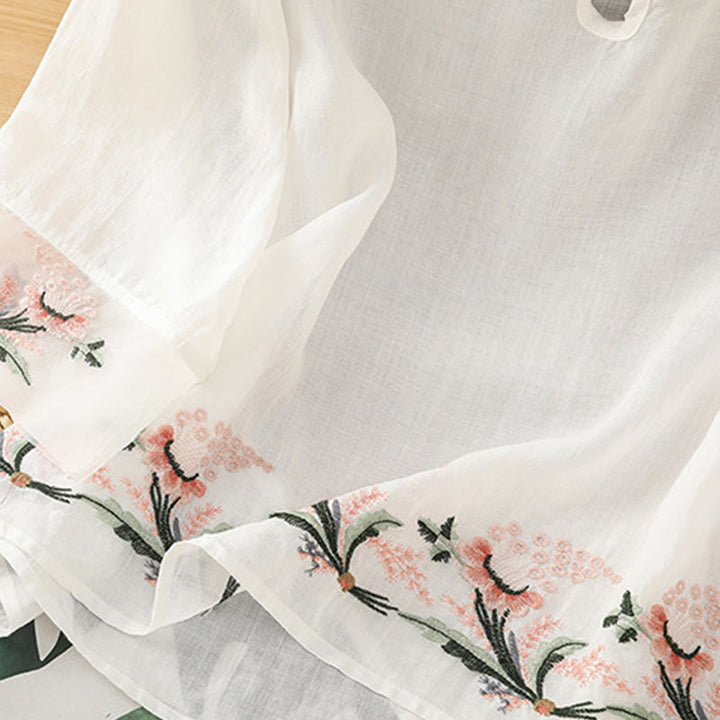 Chemise décontractée à manches mi-longues et col ras du cou pour femme, motif Buddha Stones, broderie florale, boutons grenouille, polyester