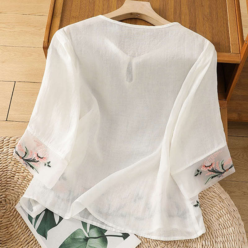Chemise décontractée à manches mi-longues et col ras du cou pour femme, motif Buddha Stones, broderie florale, boutons grenouille, polyester