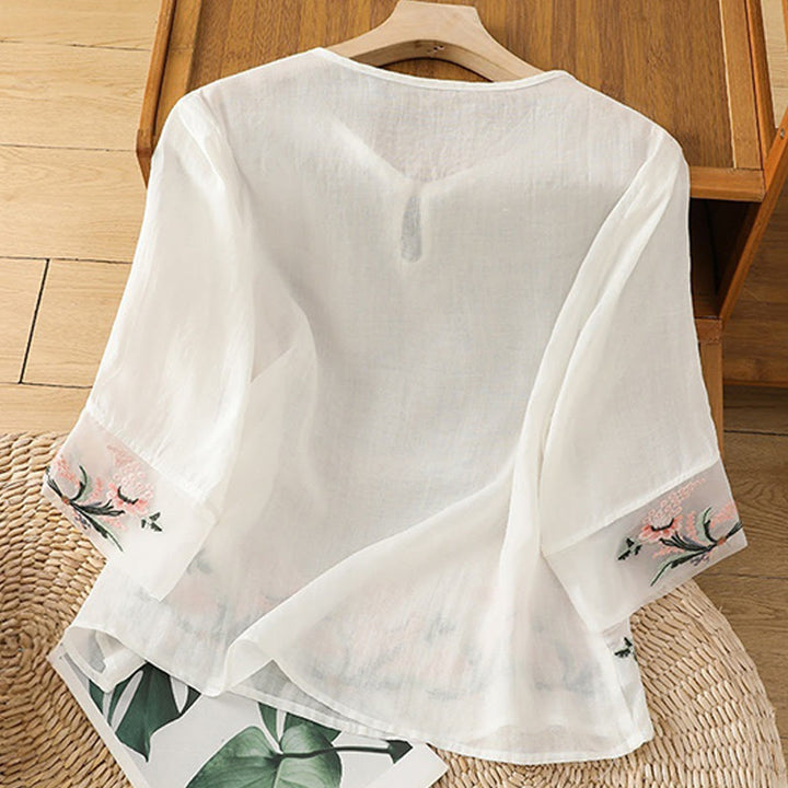 Chemise décontractée à manches mi-longues et col ras du cou pour femme, motif Buddha Stones, broderie florale, boutons grenouille, polyester