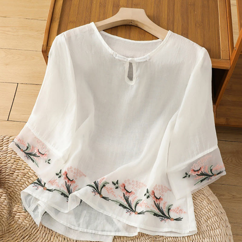 Chemise décontractée à manches mi-longues et col ras du cou pour femme, motif Buddha Stones, broderie florale, boutons grenouille, polyester - Blanc - US8-10，UK/AU12-14，EU40-42 (2XL) - image 6