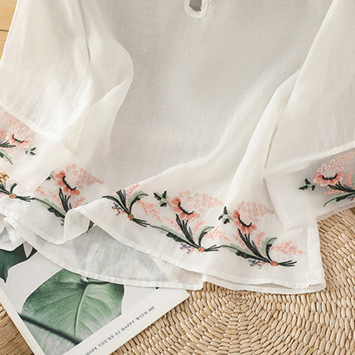 Chemise décontractée à manches mi-longues et col ras du cou pour femme, motif Buddha Stones, broderie florale, boutons grenouille, polyester