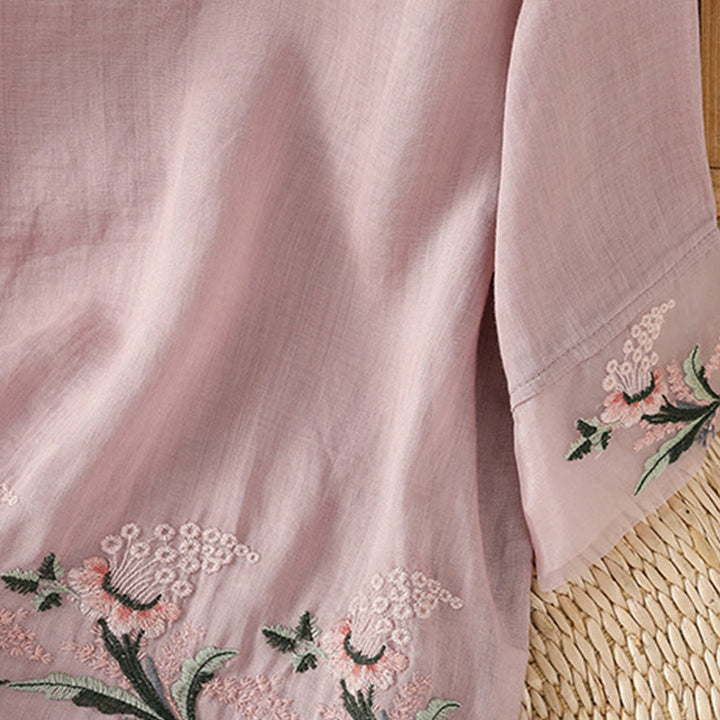 Chemise décontractée à manches mi-longues et col ras du cou pour femme, motif Buddha Stones, broderie florale, boutons grenouille, polyester