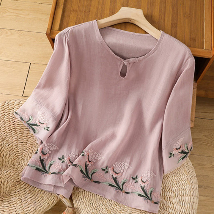 Chemise décontractée à manches mi-longues et col ras du cou pour femme, motif Buddha Stones, broderie florale, boutons grenouille, polyester