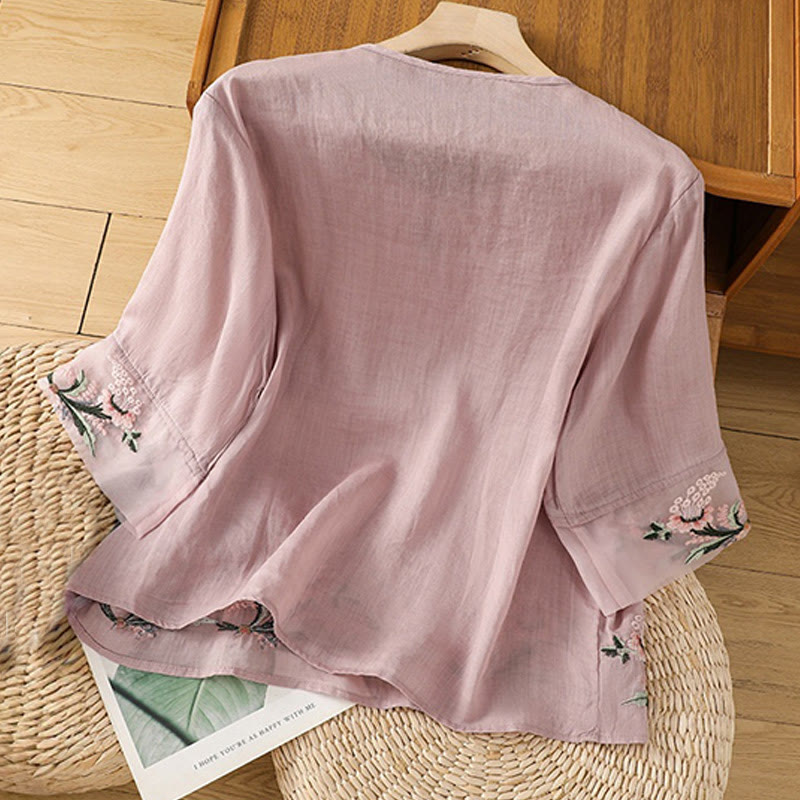 Chemise décontractée à manches mi-longues et col ras du cou pour femme, motif Buddha Stones, broderie florale, boutons grenouille, polyester