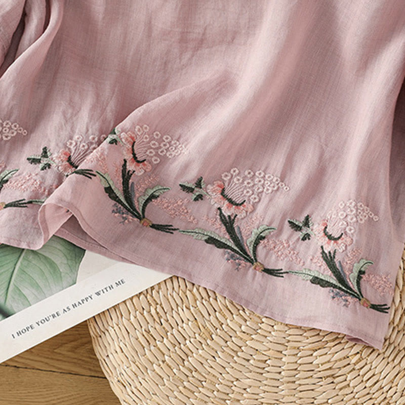 Chemise décontractée à manches mi-longues et col ras du cou pour femme, motif Buddha Stones, broderie florale, boutons grenouille, polyester - image 17