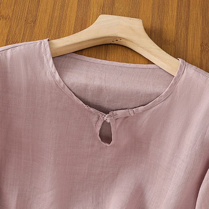 Chemise décontractée à manches mi-longues et col ras du cou pour femme, motif Buddha Stones, broderie florale, boutons grenouille, polyester - image 19