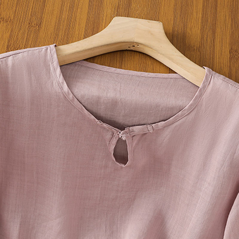 Chemise décontractée à manches mi-longues et col ras du cou pour femme, motif Buddha Stones, broderie florale, boutons grenouille, polyester